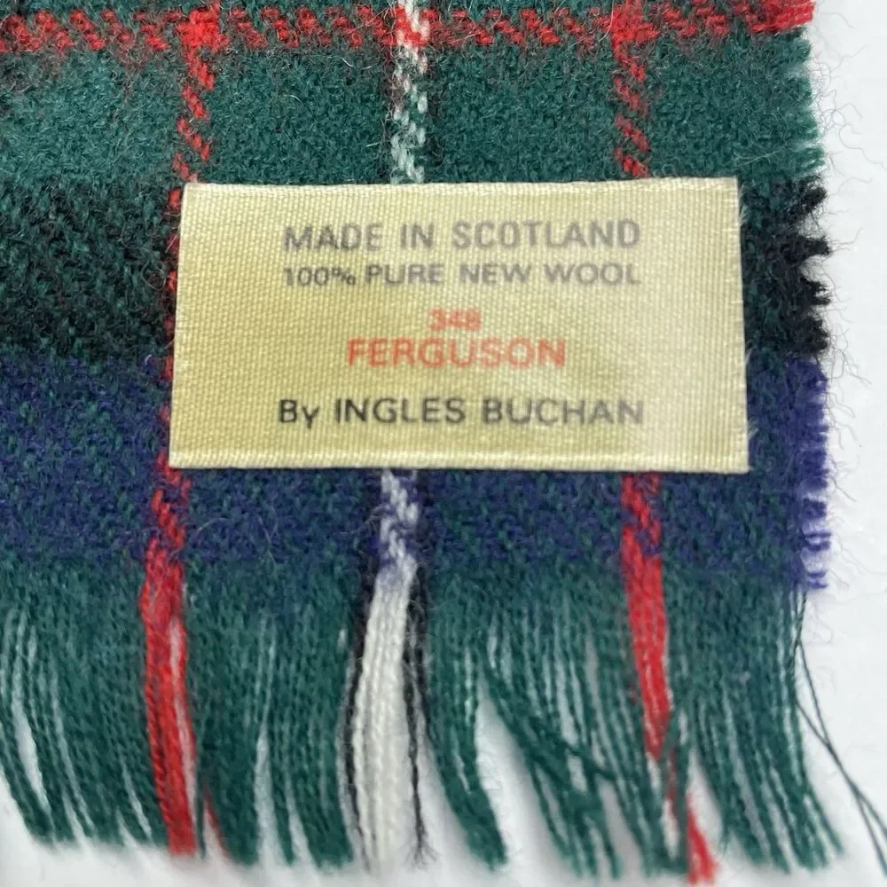 Ingles Buchan Ferguson Scotland Scarf Wool Fringe Plaid Green Blue Red White